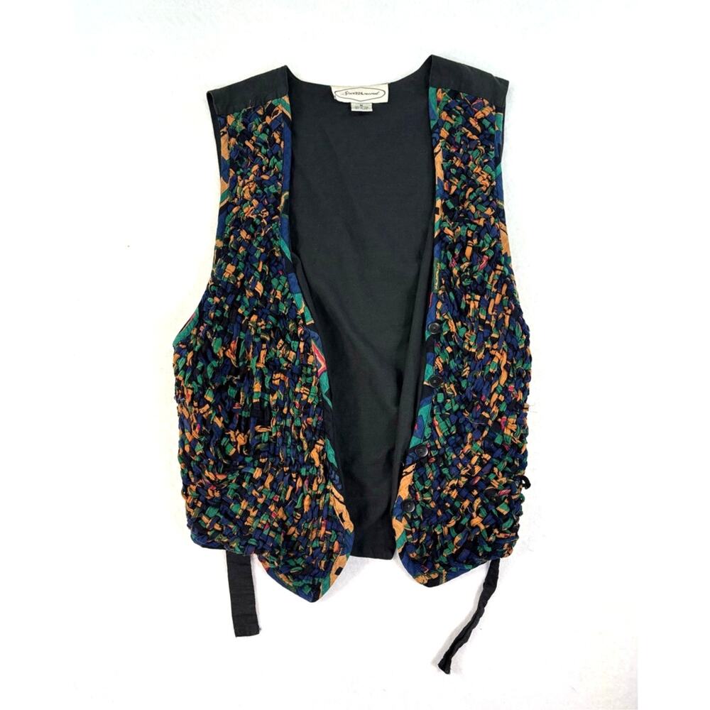 VTG Spellbound Woven Ribbon Vest Men's Medium Black Multi Artsy Boho Funky 90s